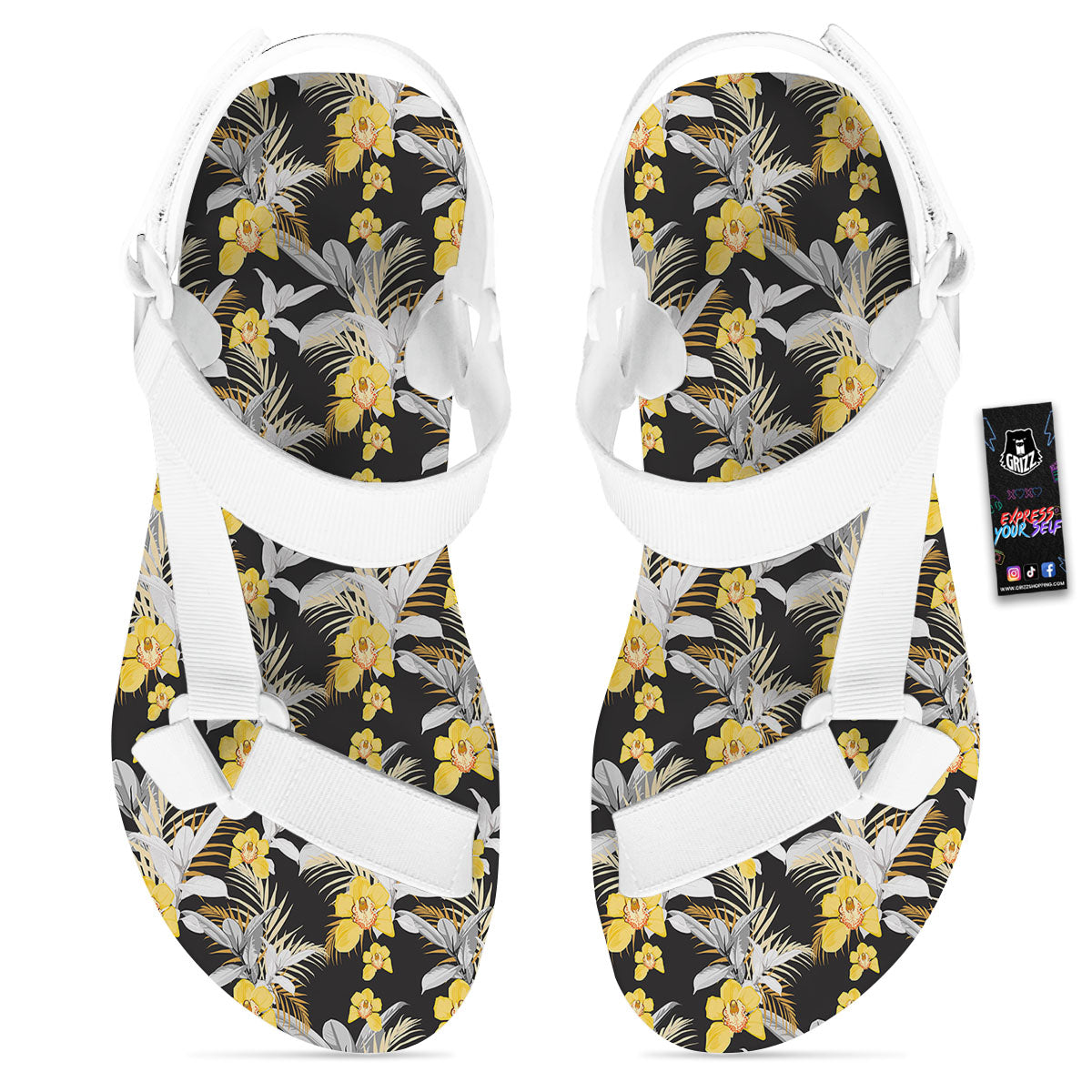 Orchid Yellow Print Pattern White Open Toe Sandals-grizzshop