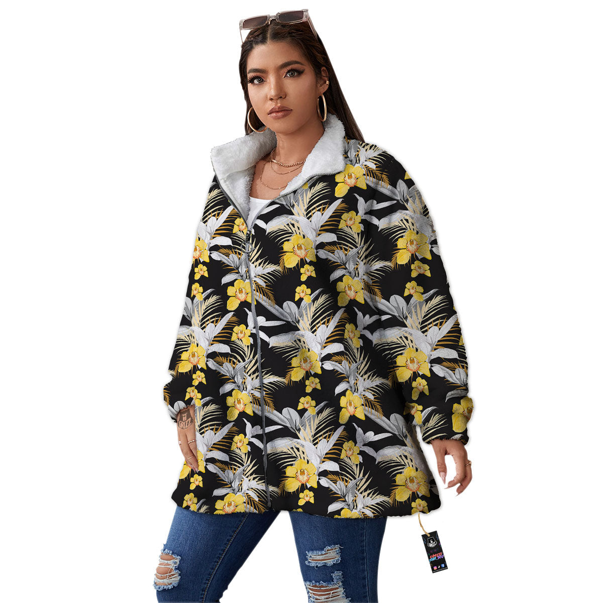 Orchid Yellow Print Pattern Women's Sherpa Jacket-grizzshop