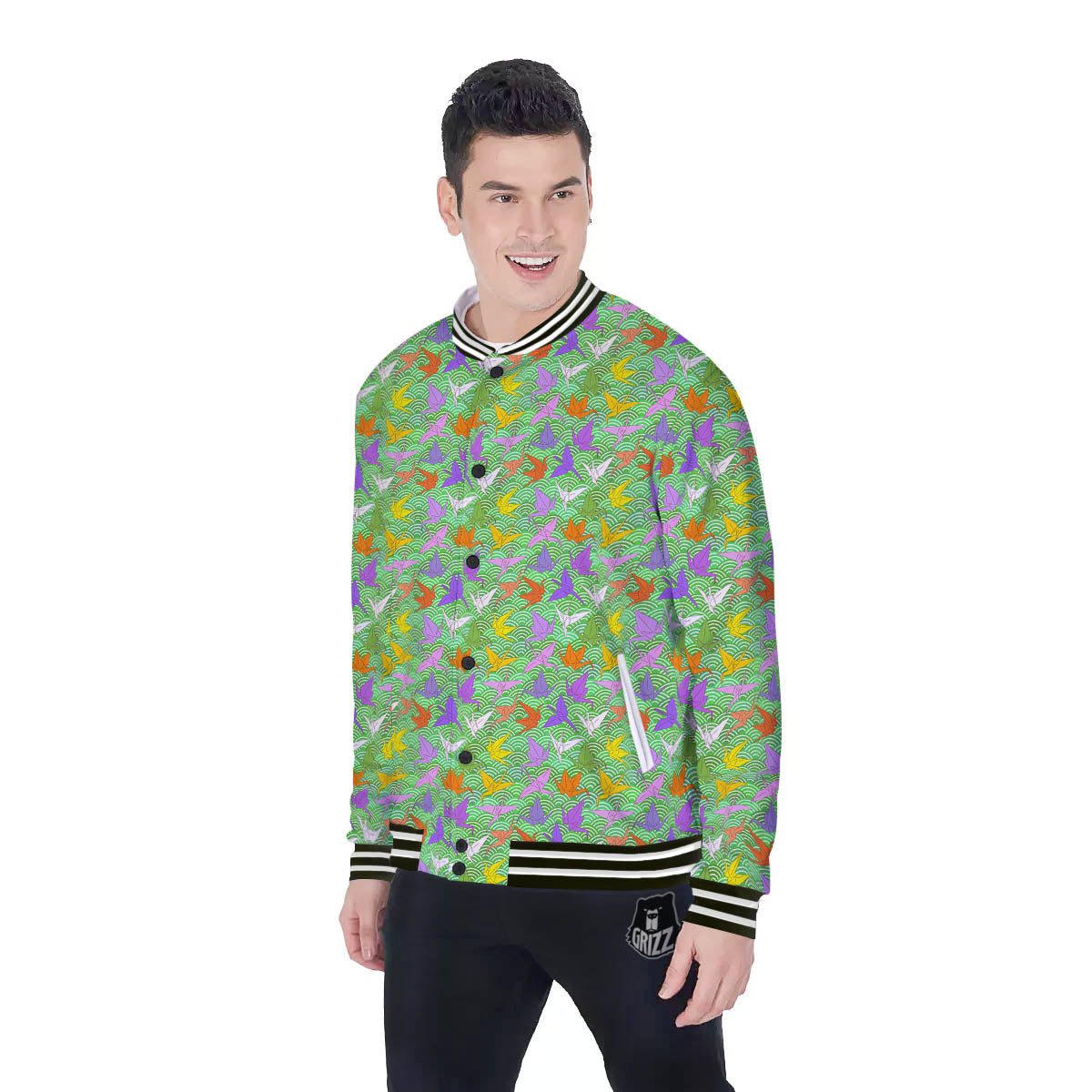 Origami Bird Colorful Print Pattern Baseball Jacket-grizzshop