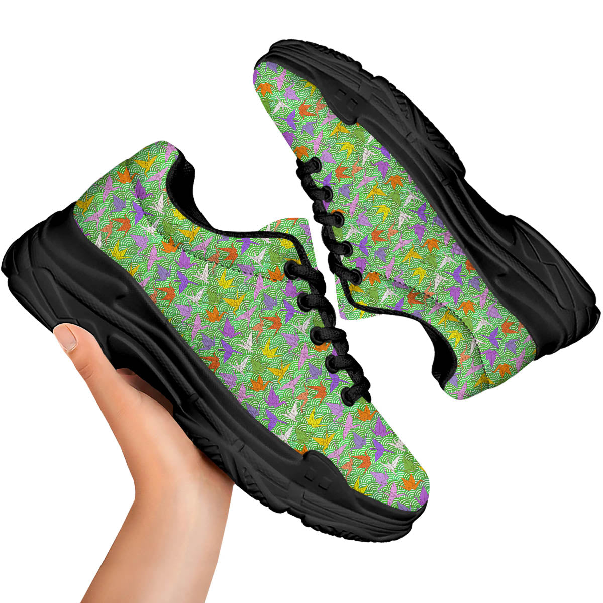 Origami Bird Colorful Print Pattern Black Chunky Shoes-grizzshop
