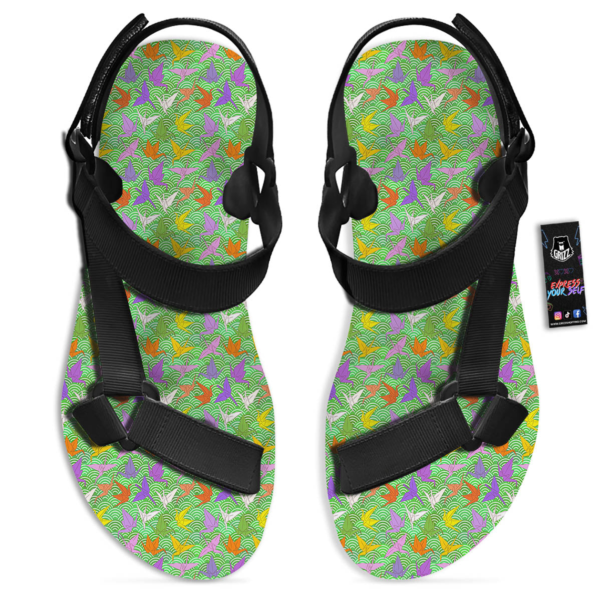 Origami Bird Colorful Print Pattern Black Open Toe Sandals-grizzshop
