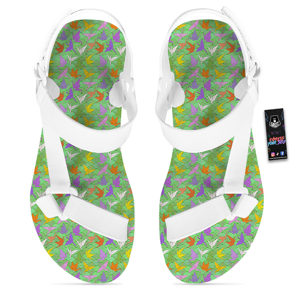 Origami Bird Colorful Print Pattern White Open Toe Sandals-grizzshop