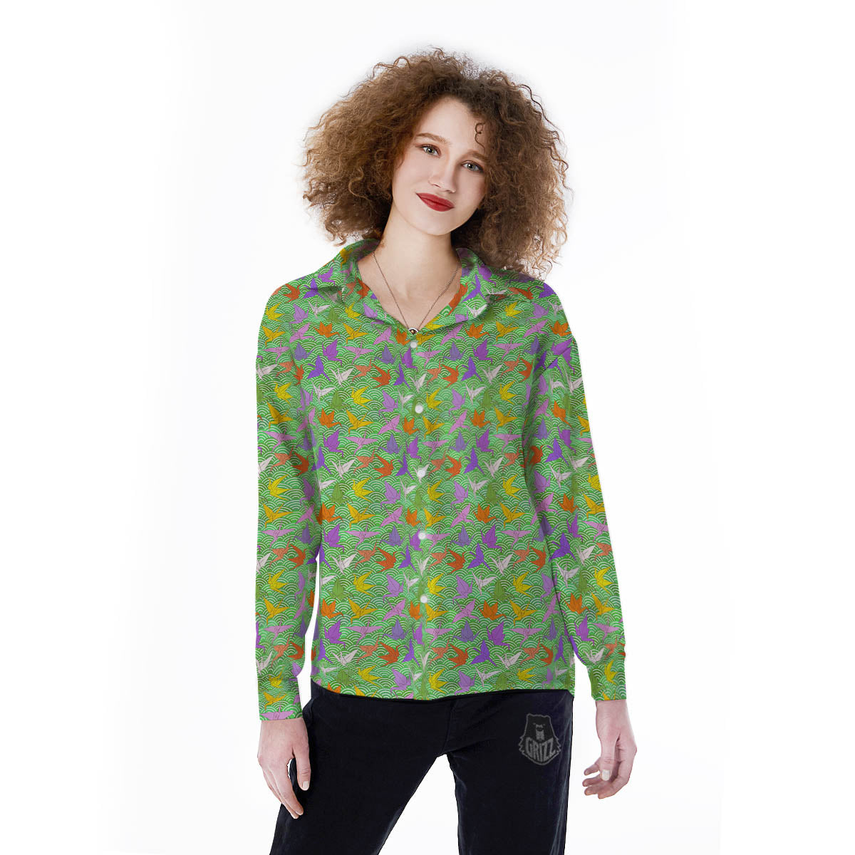 Origami Bird Colorful Print Pattern Women's Long Sleeve Shirts-grizzshop