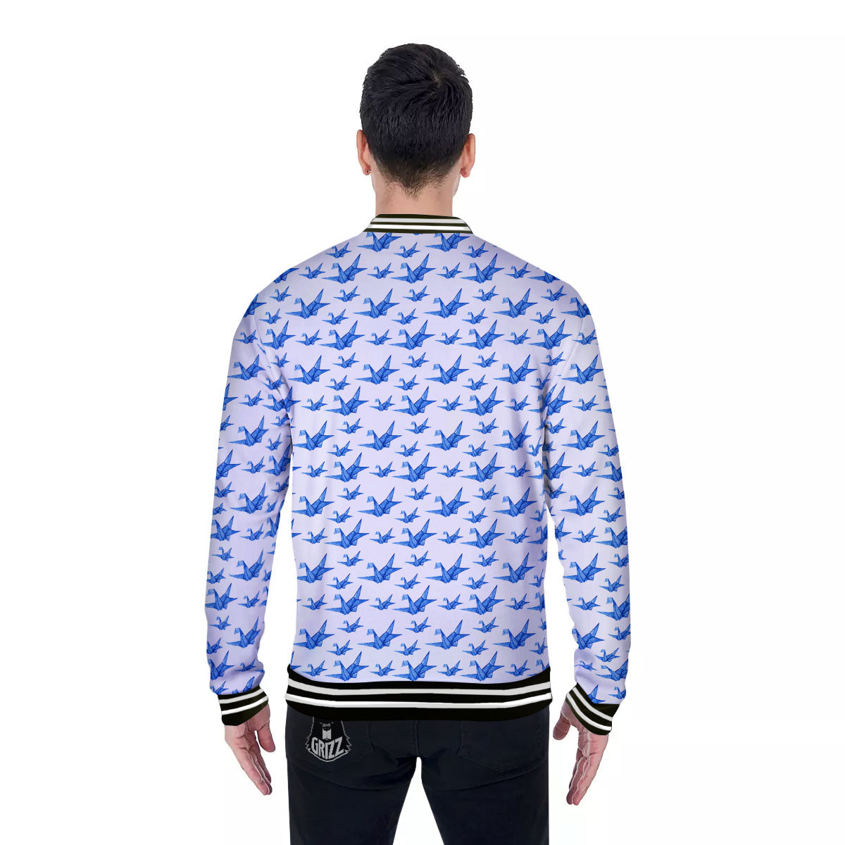 Origami Crane Blue Print Pattern Baseball Jacket-grizzshop