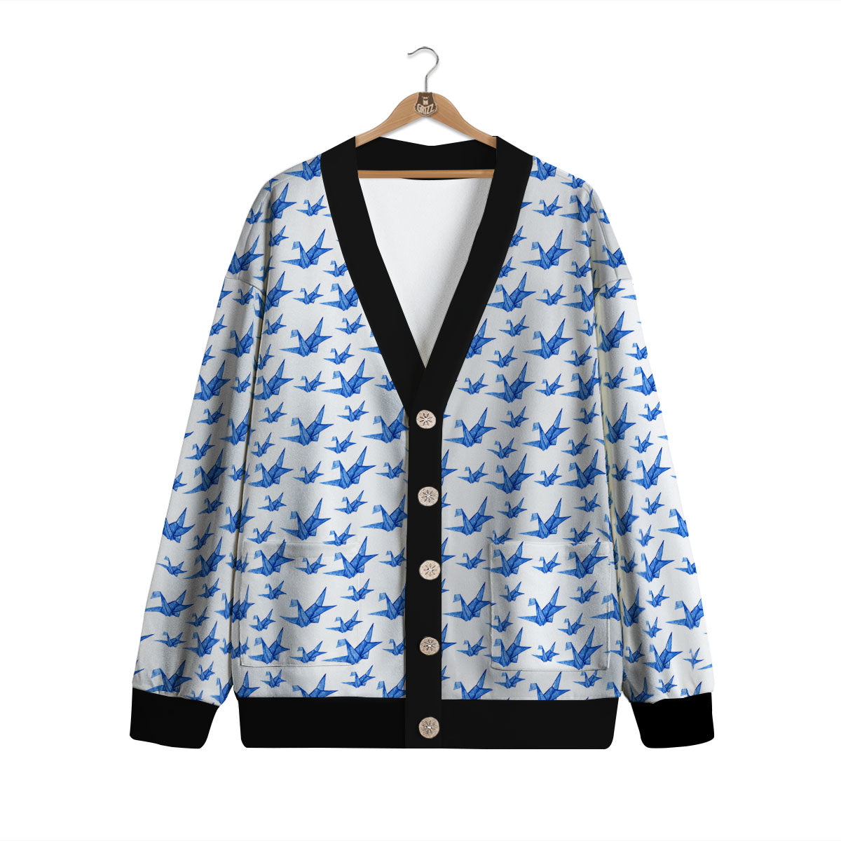 Origami Crane Blue Print Pattern Cardigan-grizzshop
