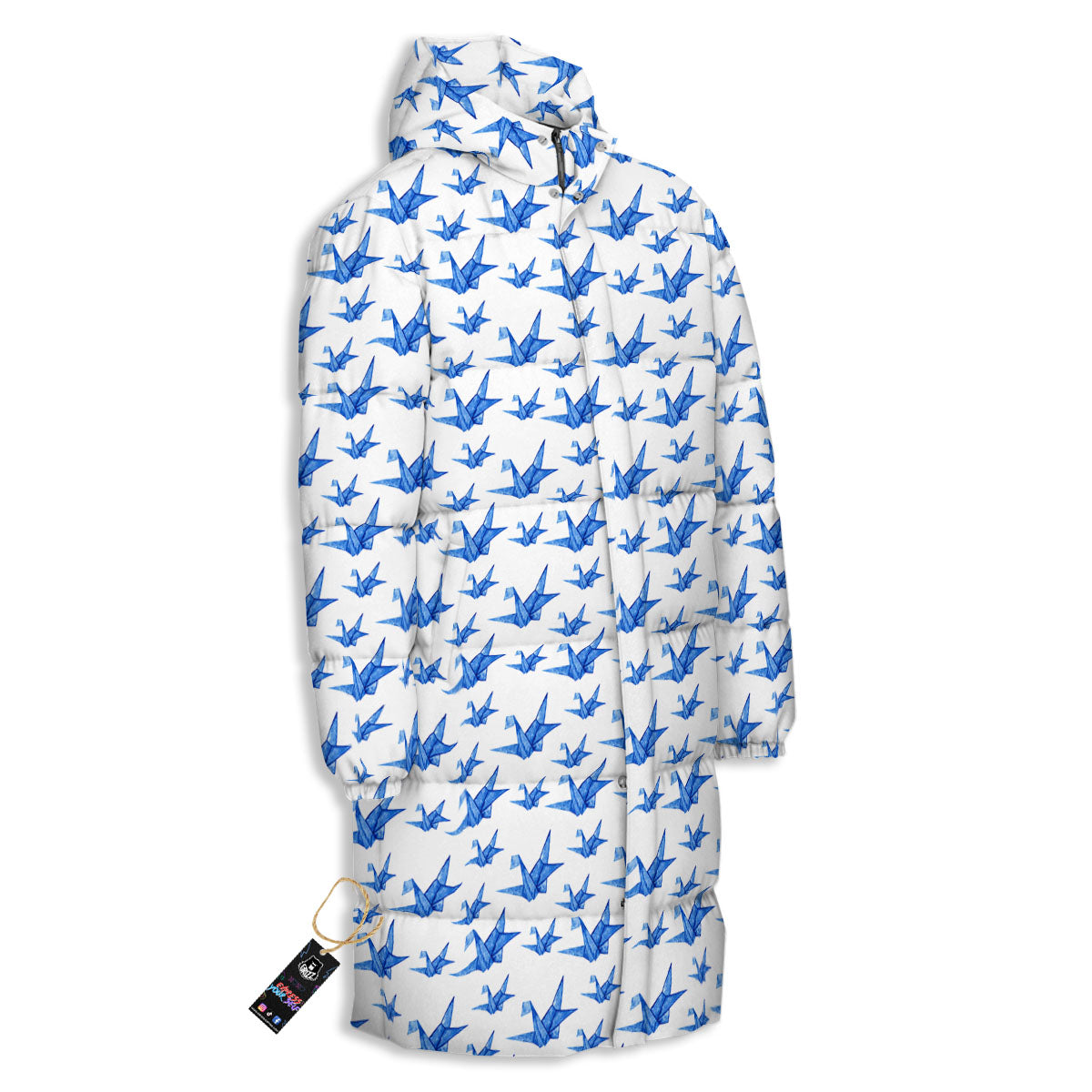 Origami Crane Blue Print Pattern Long Down Jacket-grizzshop