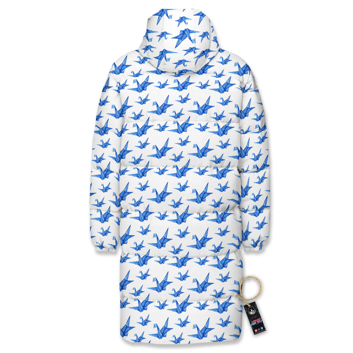 Origami Crane Blue Print Pattern Long Down Jacket-grizzshop