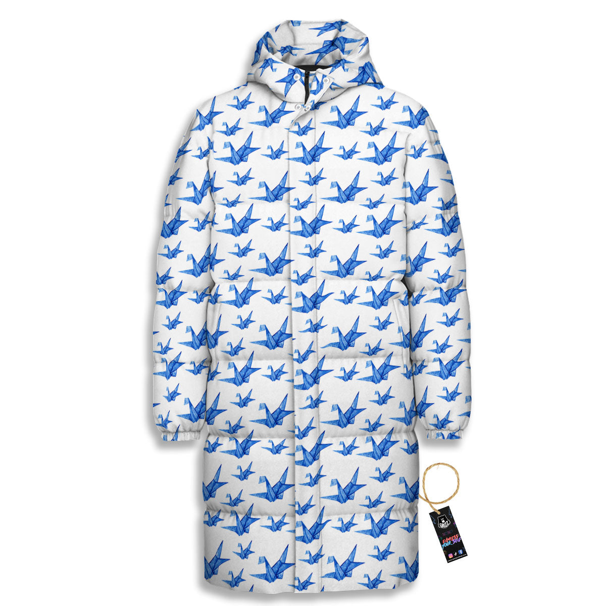 Origami Crane Blue Print Pattern Long Down Jacket-grizzshop