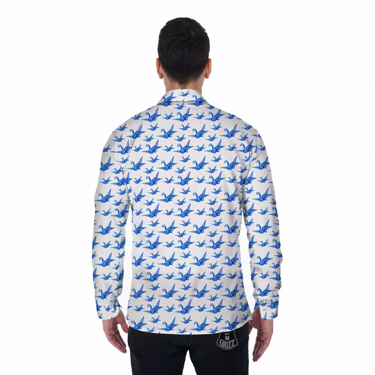 Origami Crane Blue Print Pattern Men's Long Sleeve Shirts-grizzshop