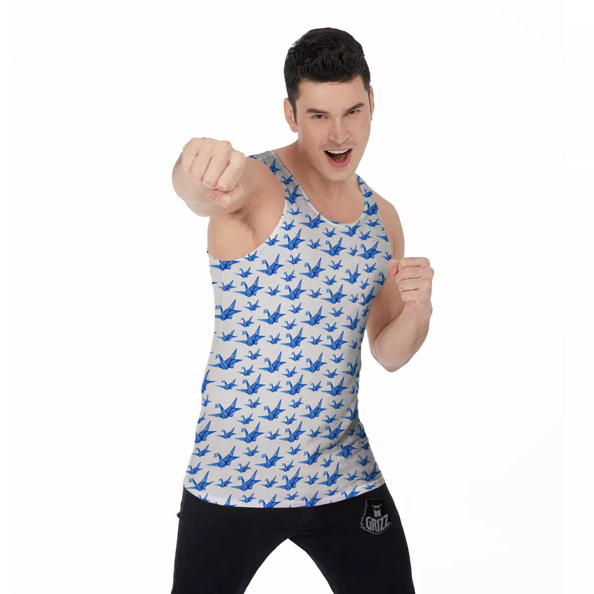 Origami Crane Blue Print Pattern Men's Tank Top-grizzshop