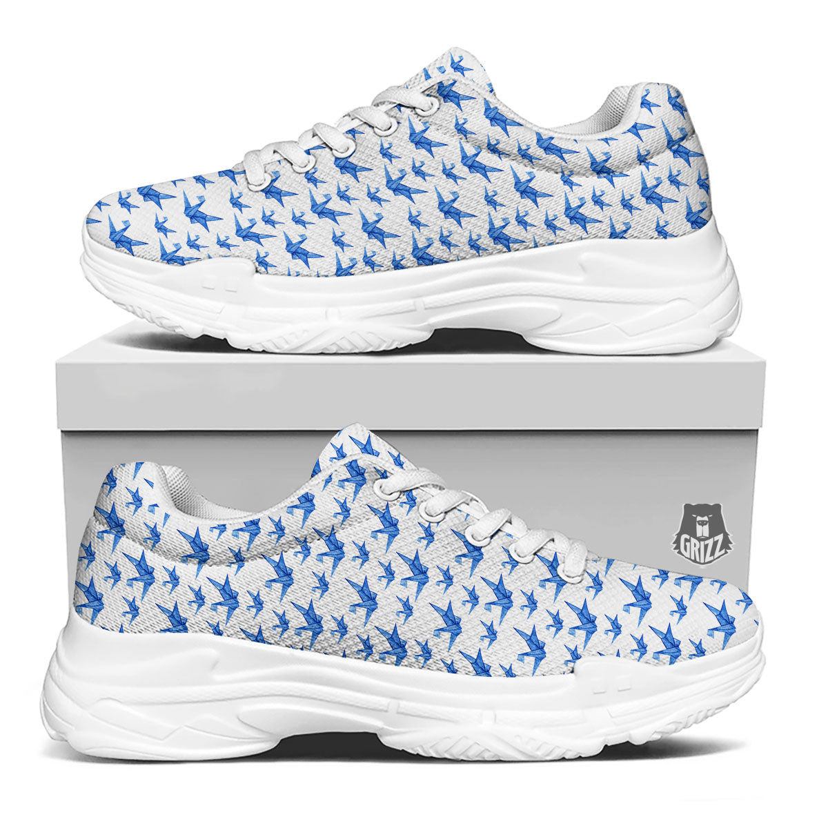 Origami Crane Blue Print Pattern White Chunky Shoes-grizzshop