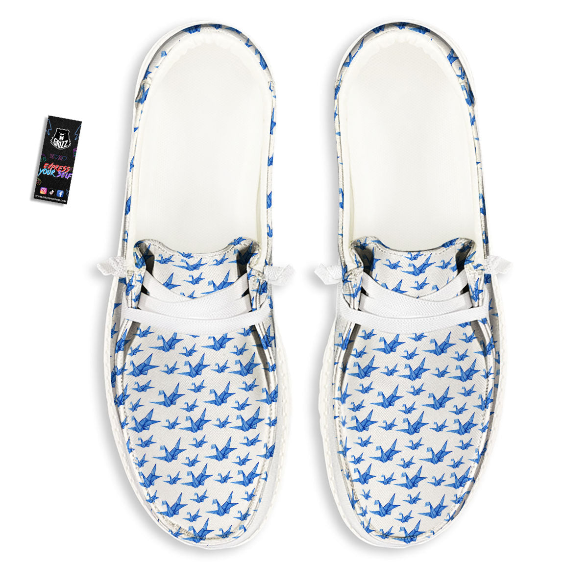Origami Crane Blue Print Pattern White Loafers-grizzshop