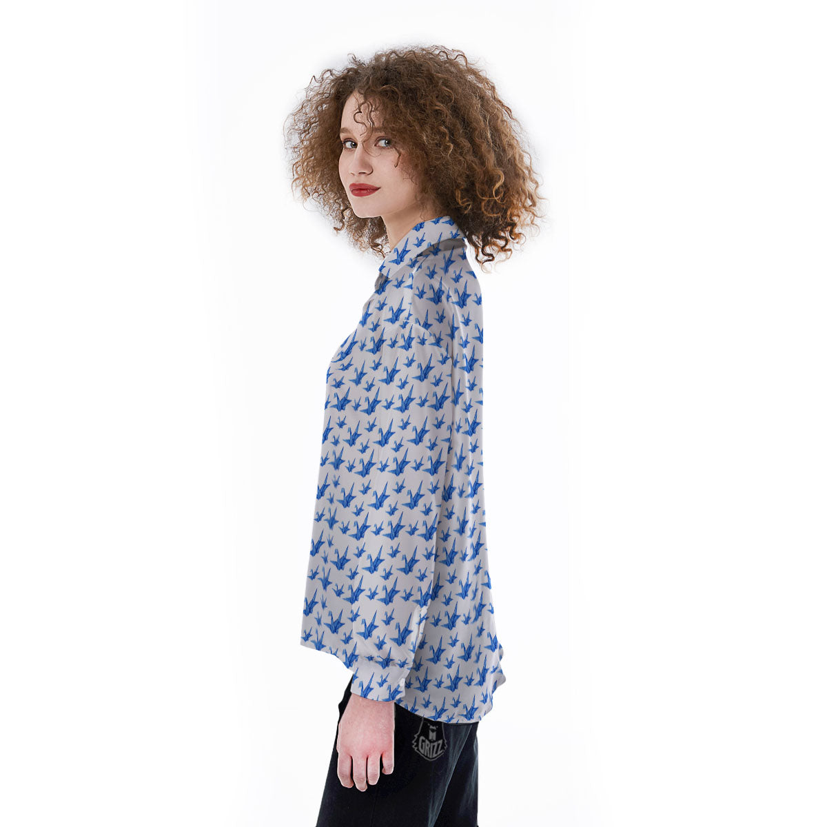 Origami Crane Blue Print Pattern Women's Long Sleeve Shirts-grizzshop
