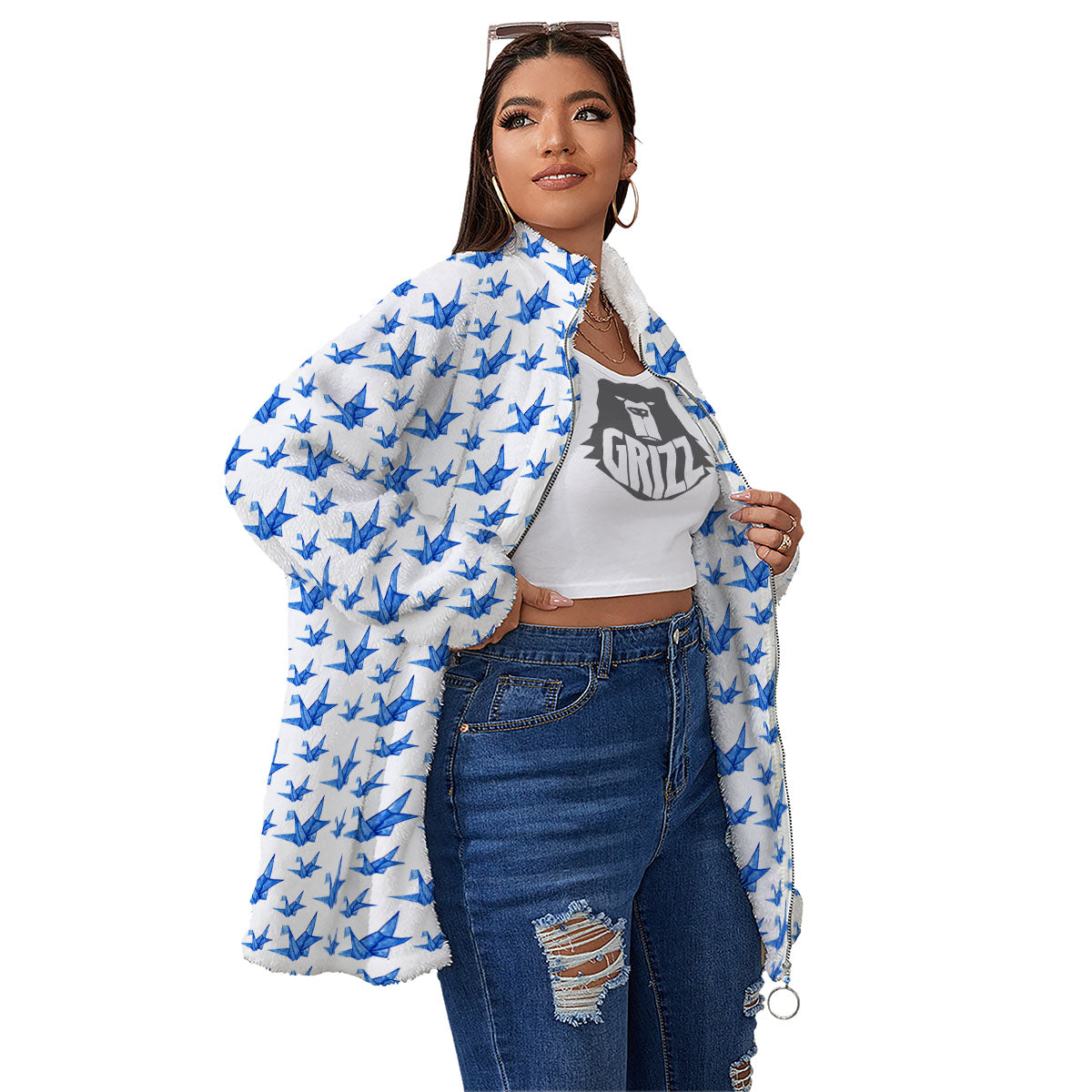 Origami Crane Blue Print Pattern Women's Sherpa Jacket-grizzshop