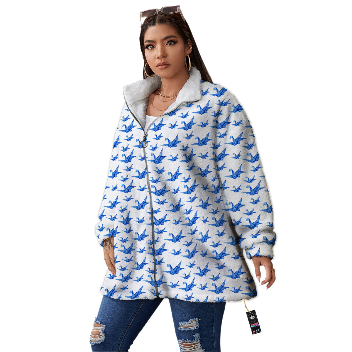 Origami Crane Blue Print Pattern Women's Sherpa Jacket-grizzshop