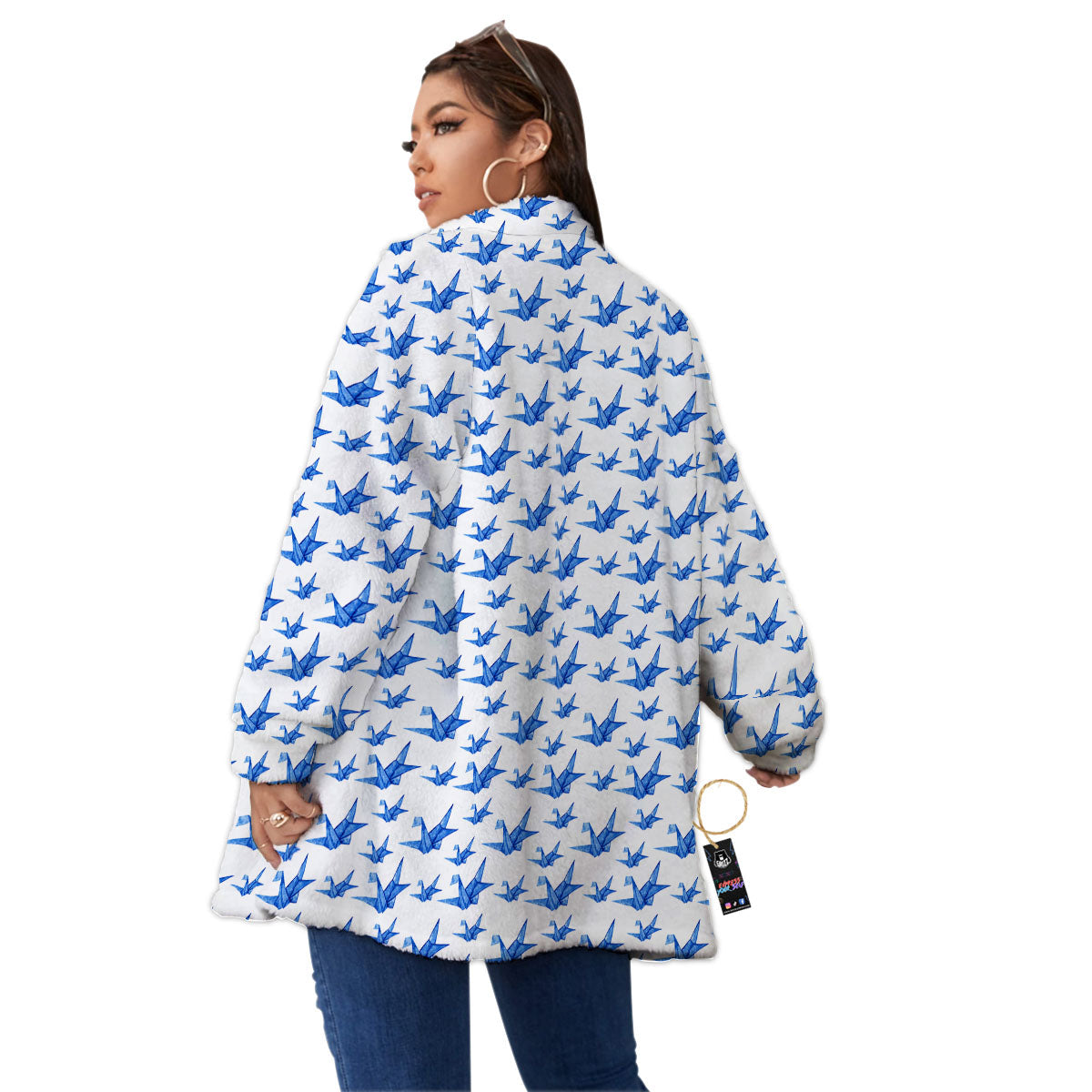 Origami Crane Blue Print Pattern Women's Sherpa Jacket-grizzshop