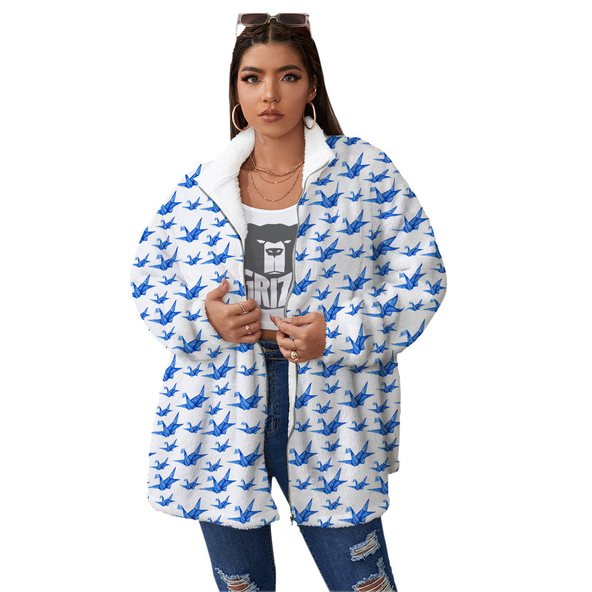 Origami Crane Blue Print Pattern Women's Sherpa Jacket-grizzshop
