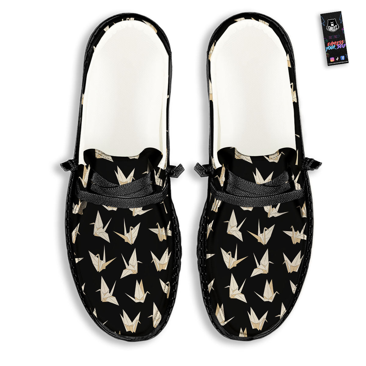 Origami White And Black Print Pattern Black Loafers-grizzshop