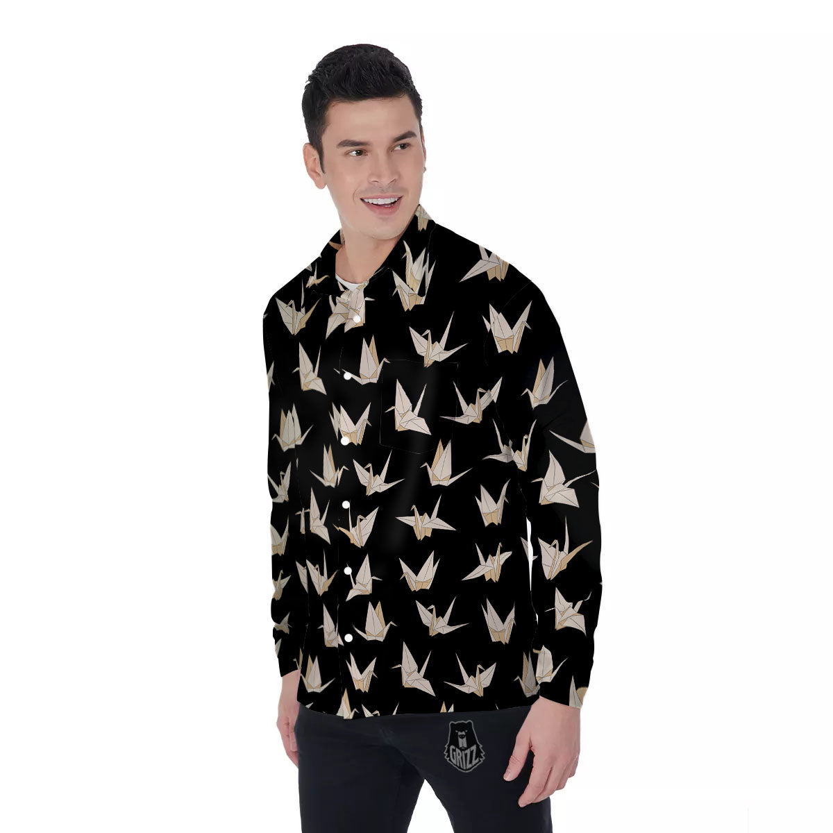 Origami White And Black Print Pattern Men's Long Sleeve Shirts-grizzshop