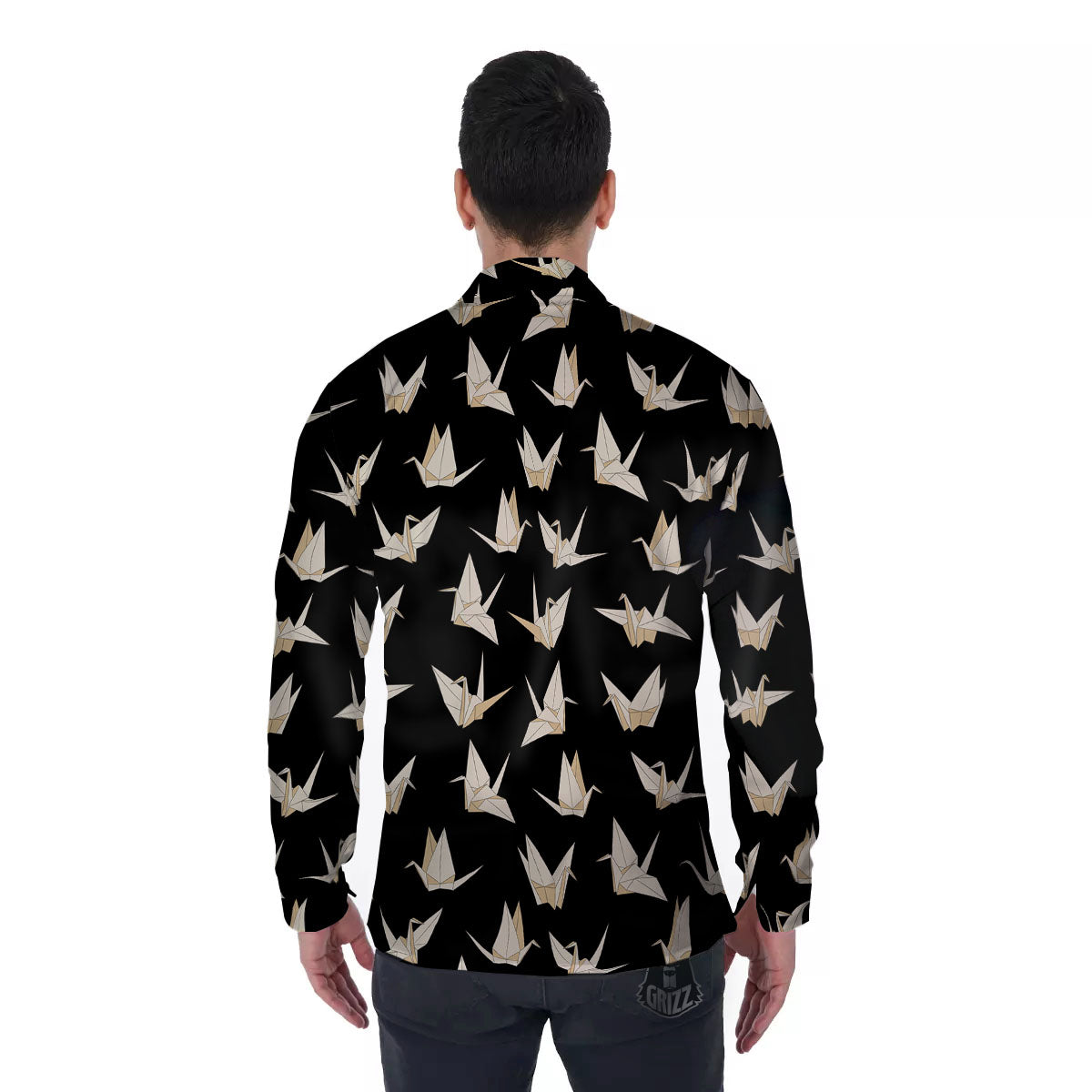Origami White And Black Print Pattern Men's Long Sleeve Shirts-grizzshop