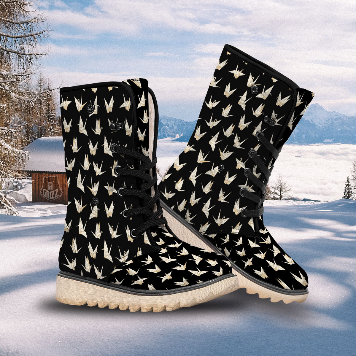 Origami White And Black Print Pattern Snow Boots-grizzshop