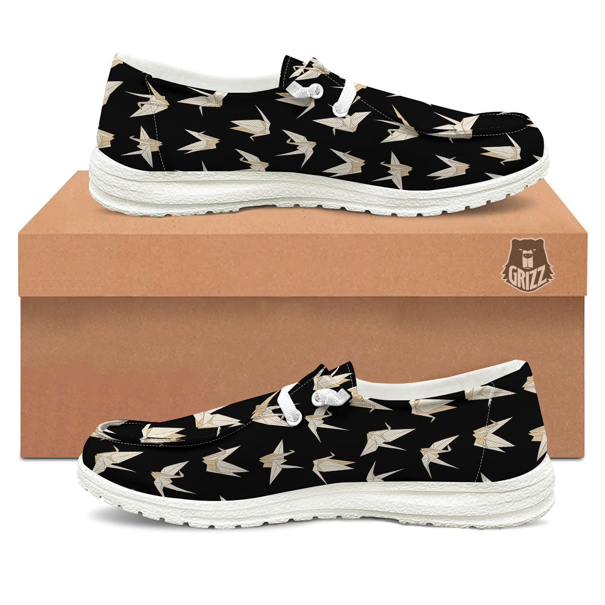 Origami White And Black Print Pattern White Loafers-grizzshop