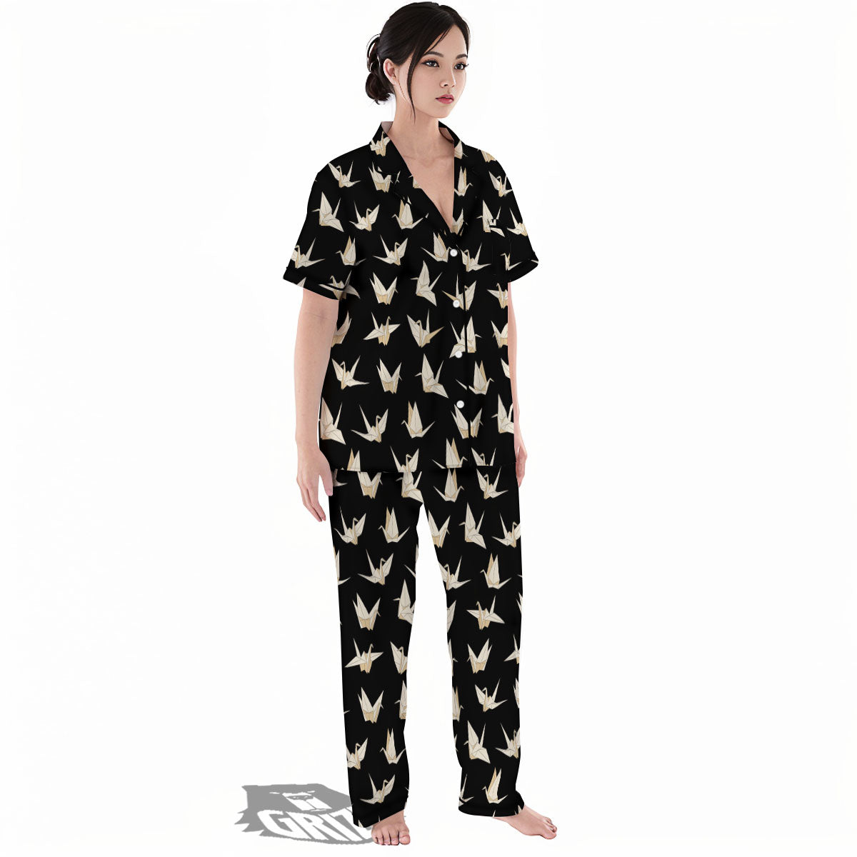 Origami White And Black Print Pattern Women's Pajamas Set-grizzshop