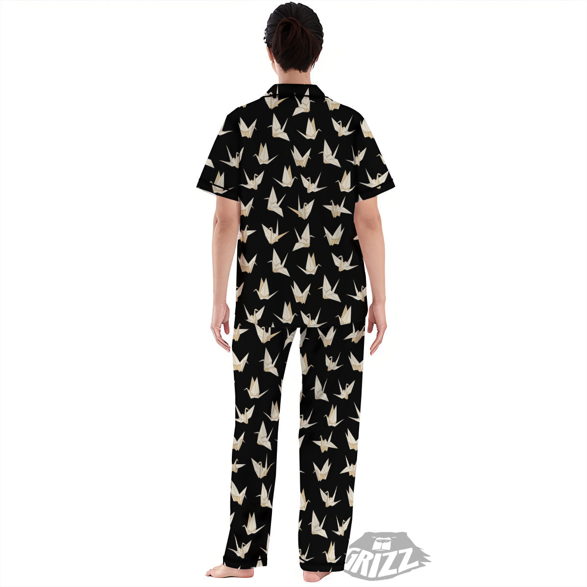 Origami White And Black Print Pattern Women's Pajamas Set-grizzshop