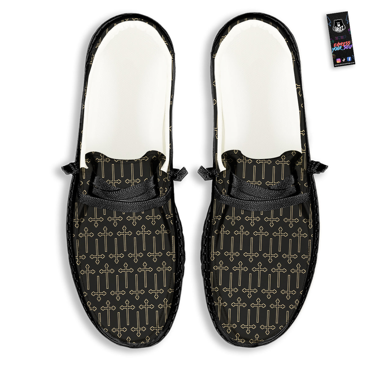 Orthodox Beige And Black Print Pattern Black Loafers-grizzshop