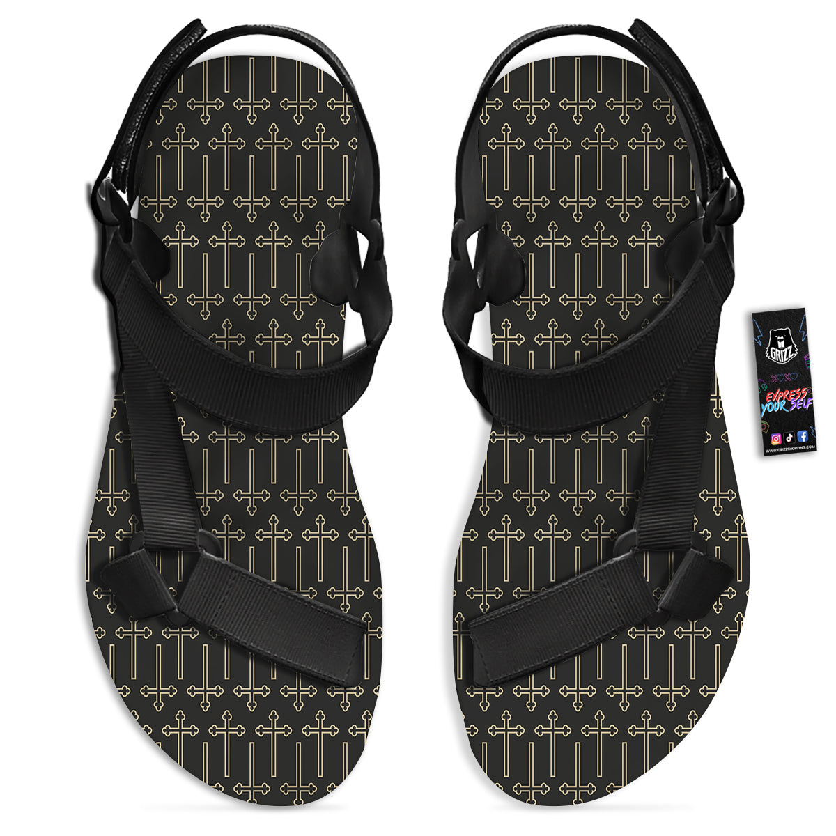 Orthodox Beige And Black Print Pattern Black Open Toe Sandals-grizzshop