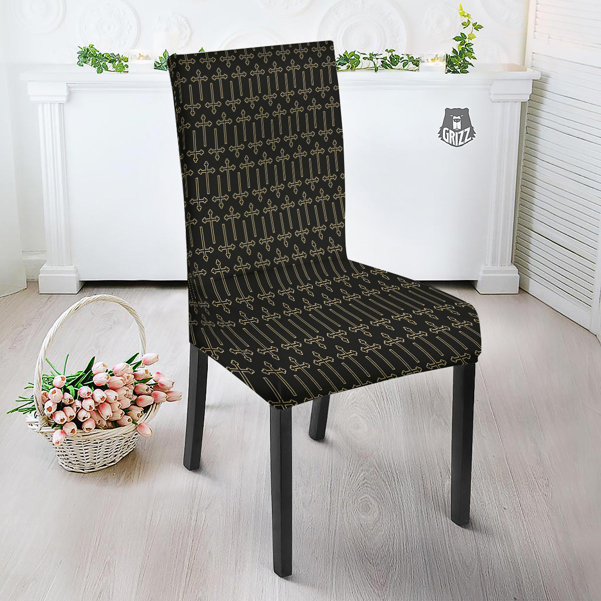 Orthodox Beige And Black Print Pattern Dining Chair Slipcover-grizzshop