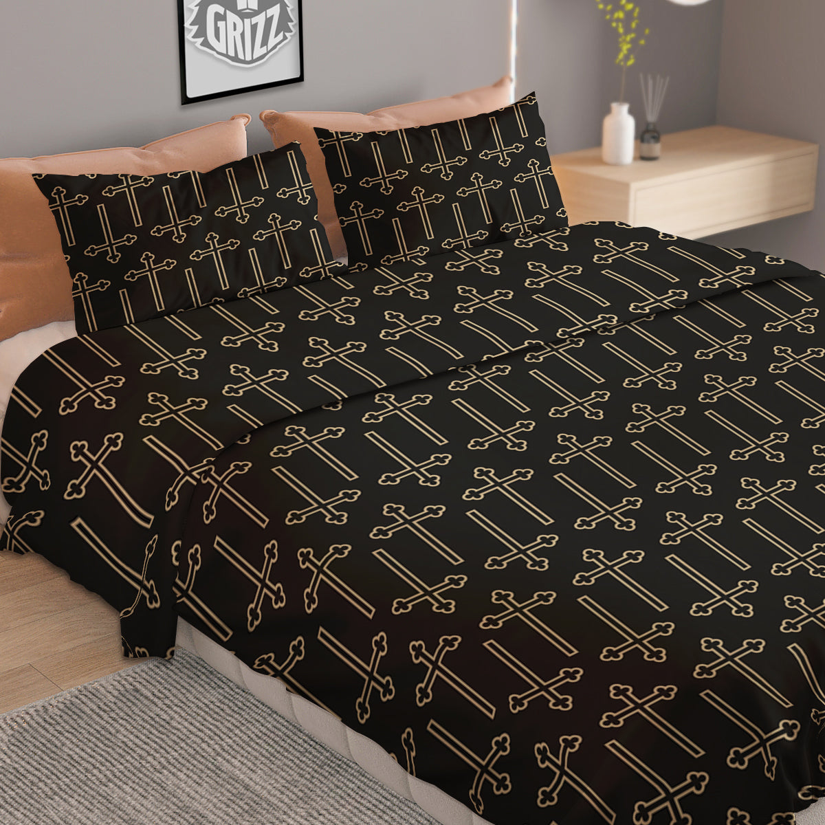 Orthodox Beige And Black Print Pattern Duvet Cover Bedding Set