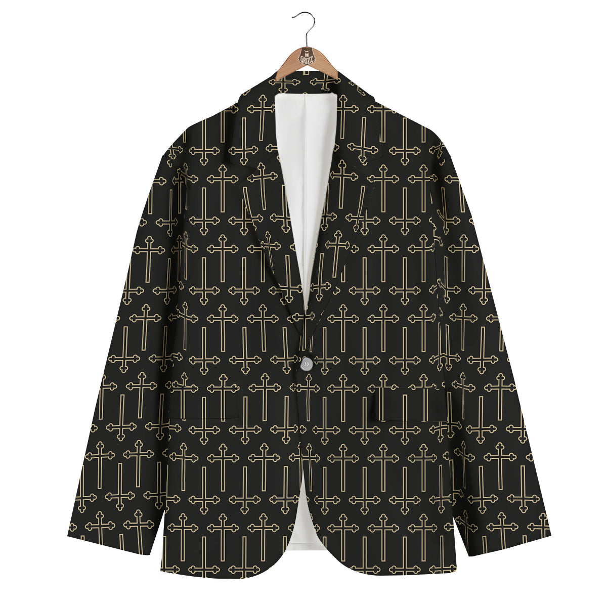 Orthodox Beige And Black Print Pattern Men's Blazer-grizzshop