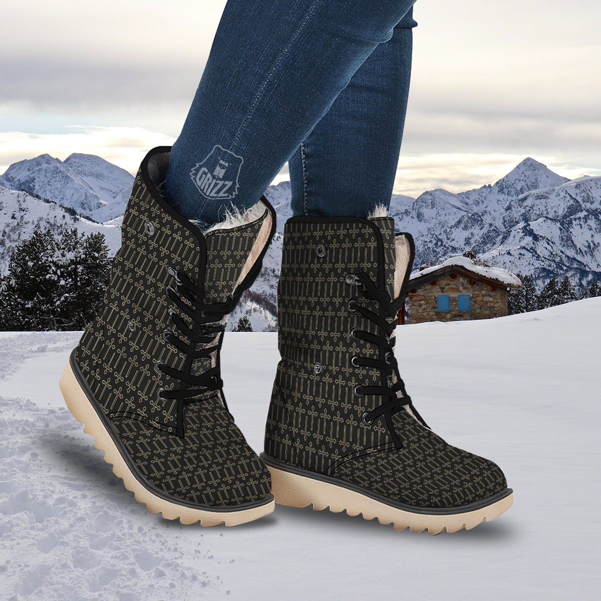 Orthodox Beige And Black Print Pattern Snow Boots-grizzshop