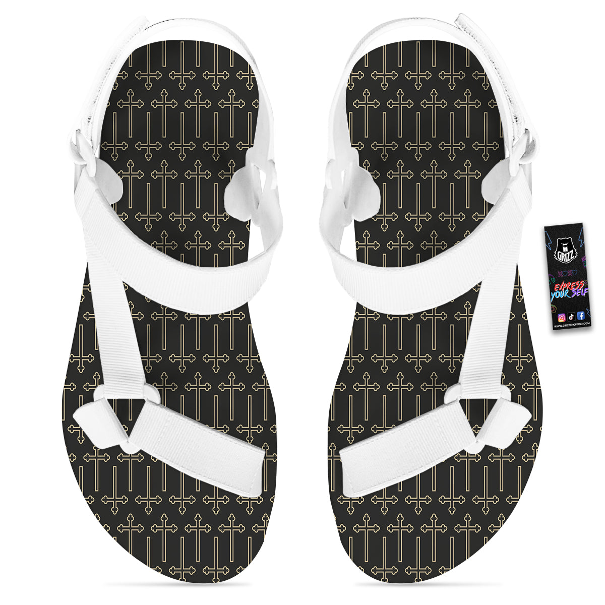 Orthodox Beige And Black Print Pattern White Open Toe Sandals-grizzshop
