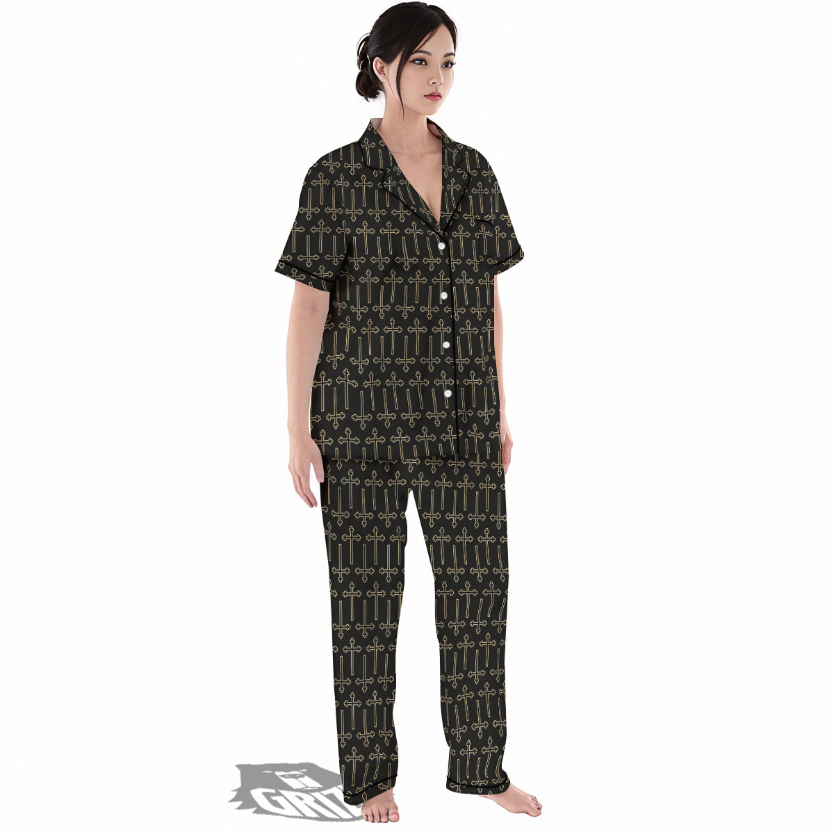 Orthodox Beige And Black Print Pattern Women's Pajamas Set-grizzshop