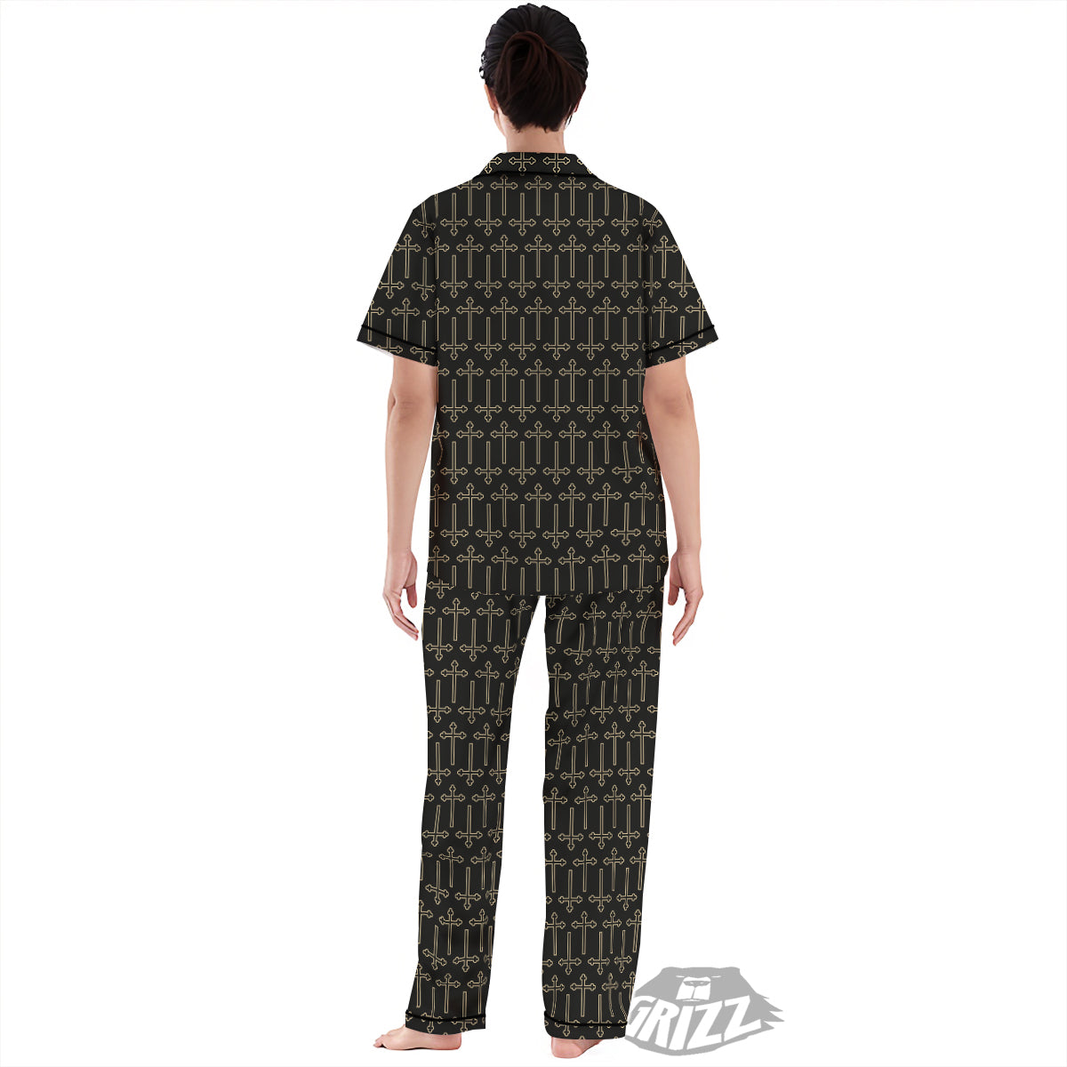 Orthodox Beige And Black Print Pattern Women's Pajamas Set-grizzshop