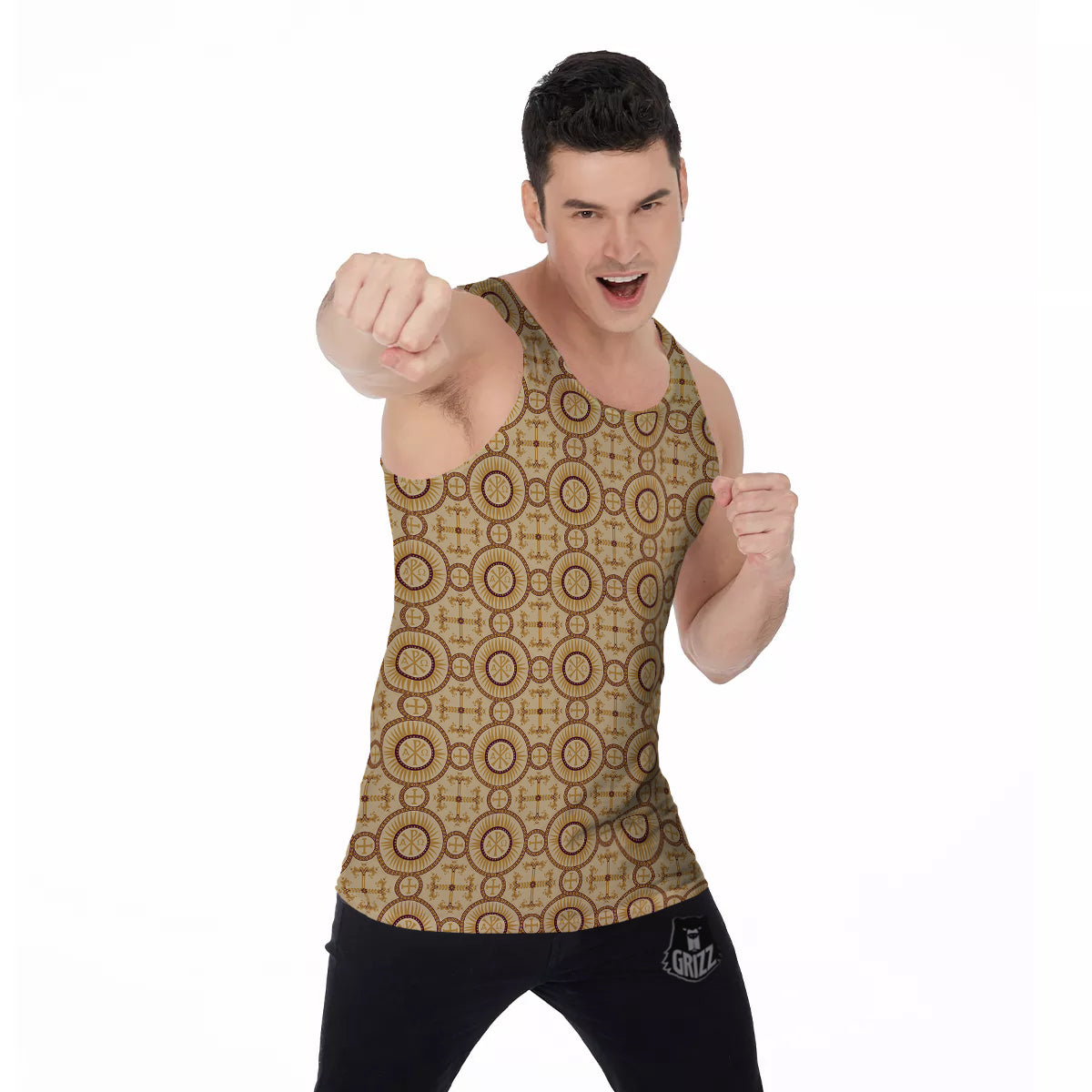Orthodox Black And Beige Print Pattern Men's Tank Top-grizzshop