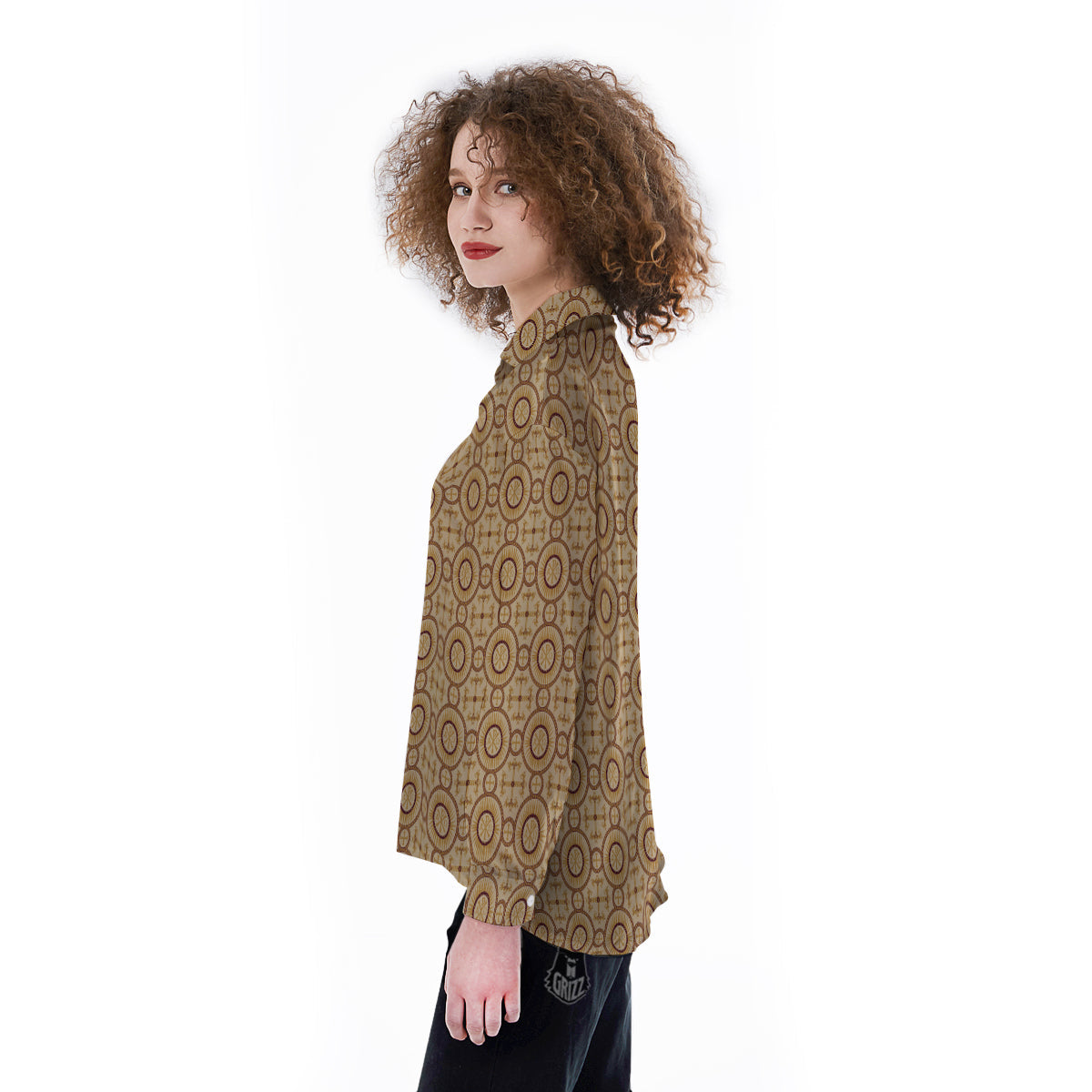 Orthodox Black And Beige Print Pattern Women's Long Sleeve Shirts-grizzshop