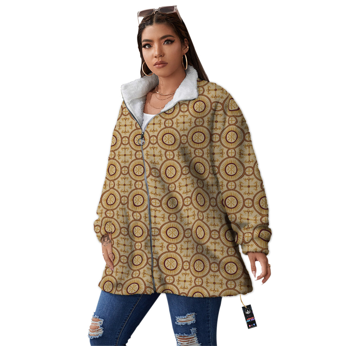 Orthodox Black And Beige Print Pattern Women's Sherpa Jacket-grizzshop