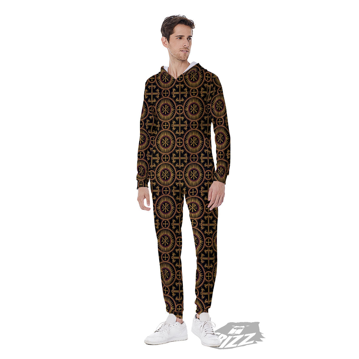 Orthodox Black And Gold Print Pattern Men's Jumpsuit-grizzshop