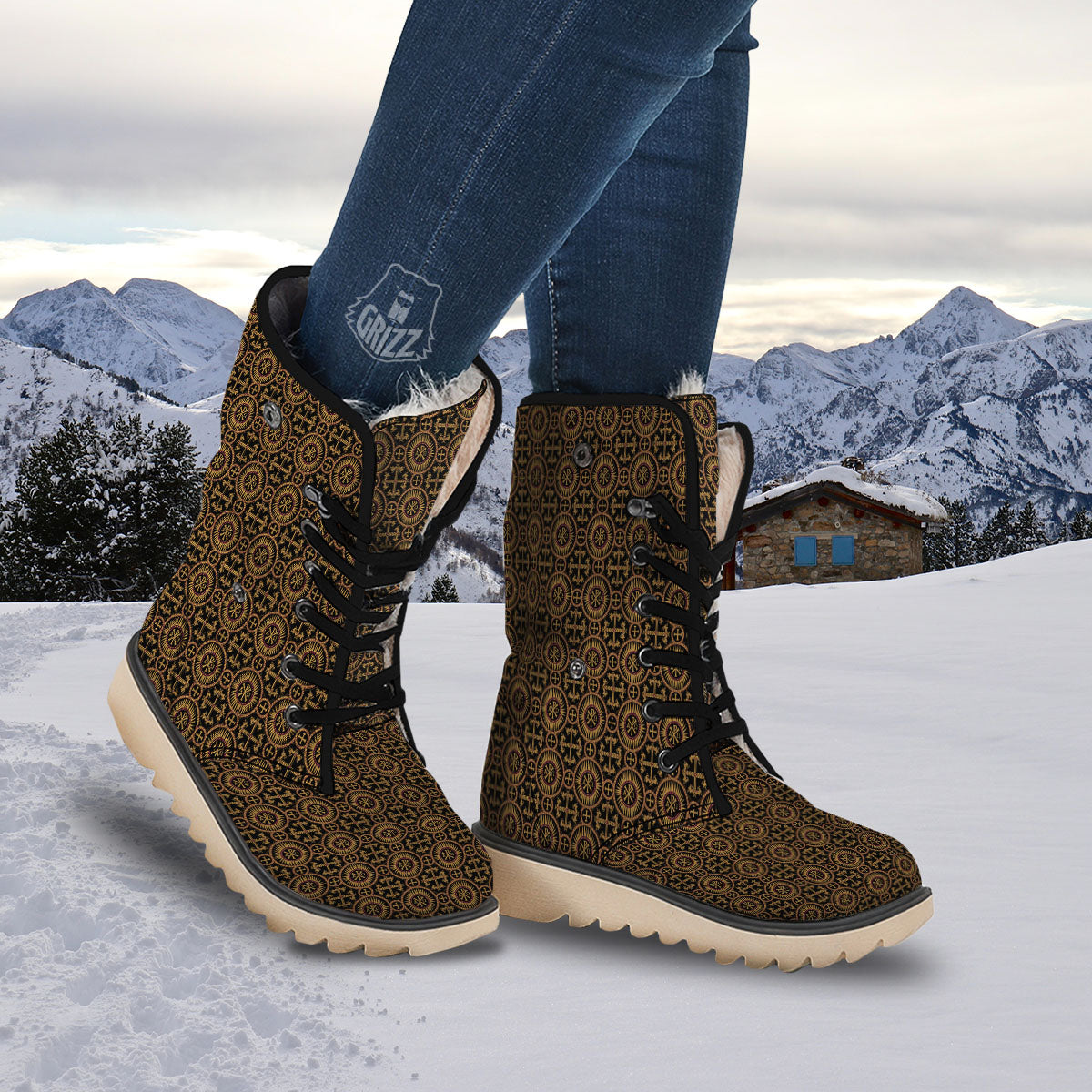 Orthodox Black And Gold Print Pattern Snow Boots-grizzshop