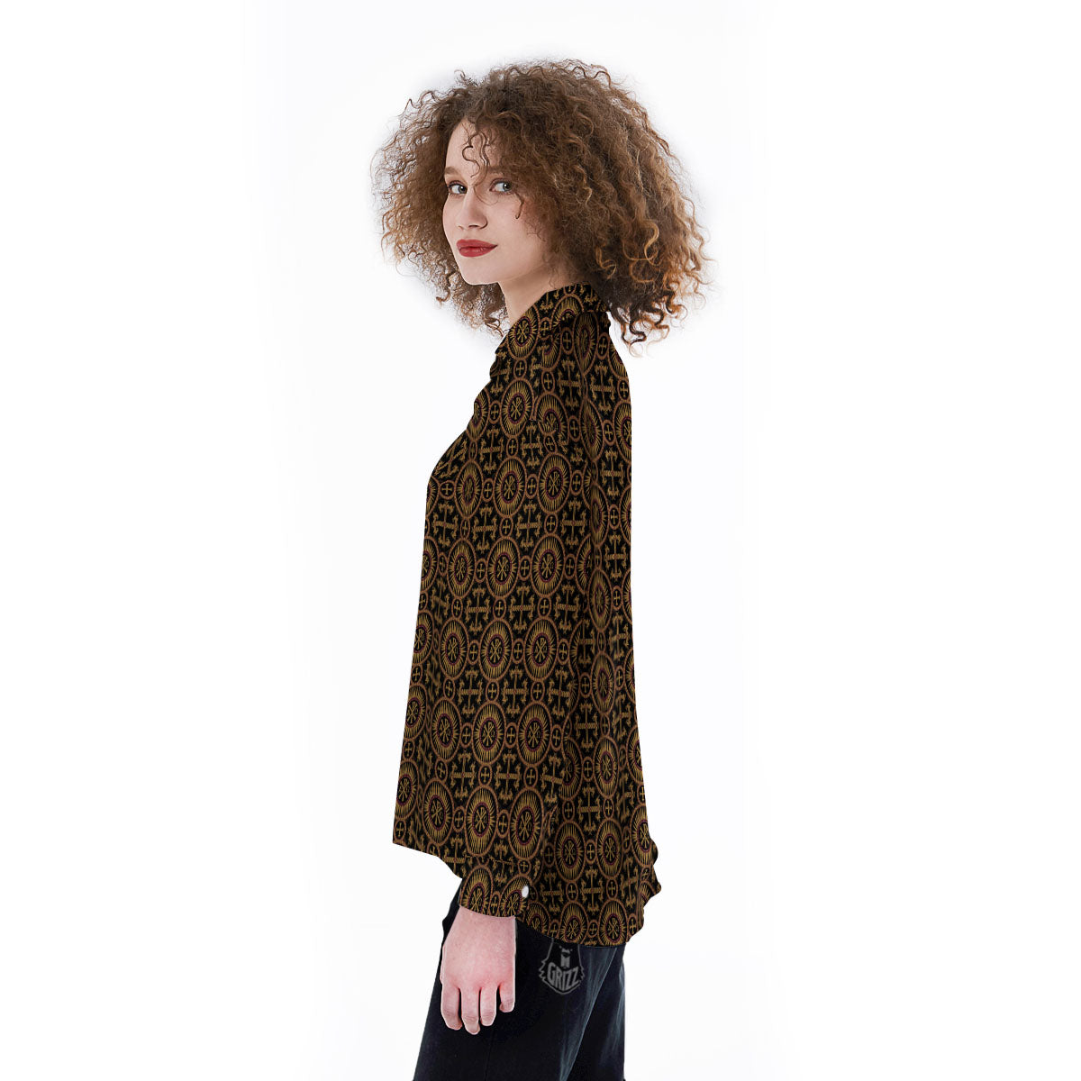 Orthodox Black And Gold Print Pattern Women's Long Sleeve Shirts-grizzshop