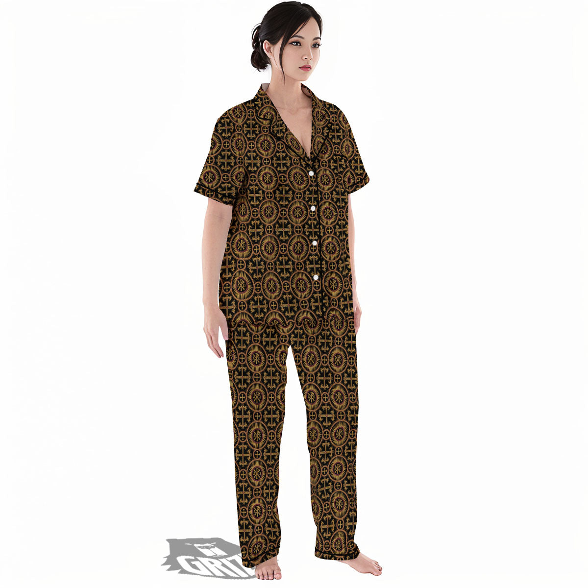 Orthodox Black And Gold Print Pattern Women's Pajamas Set-grizzshop