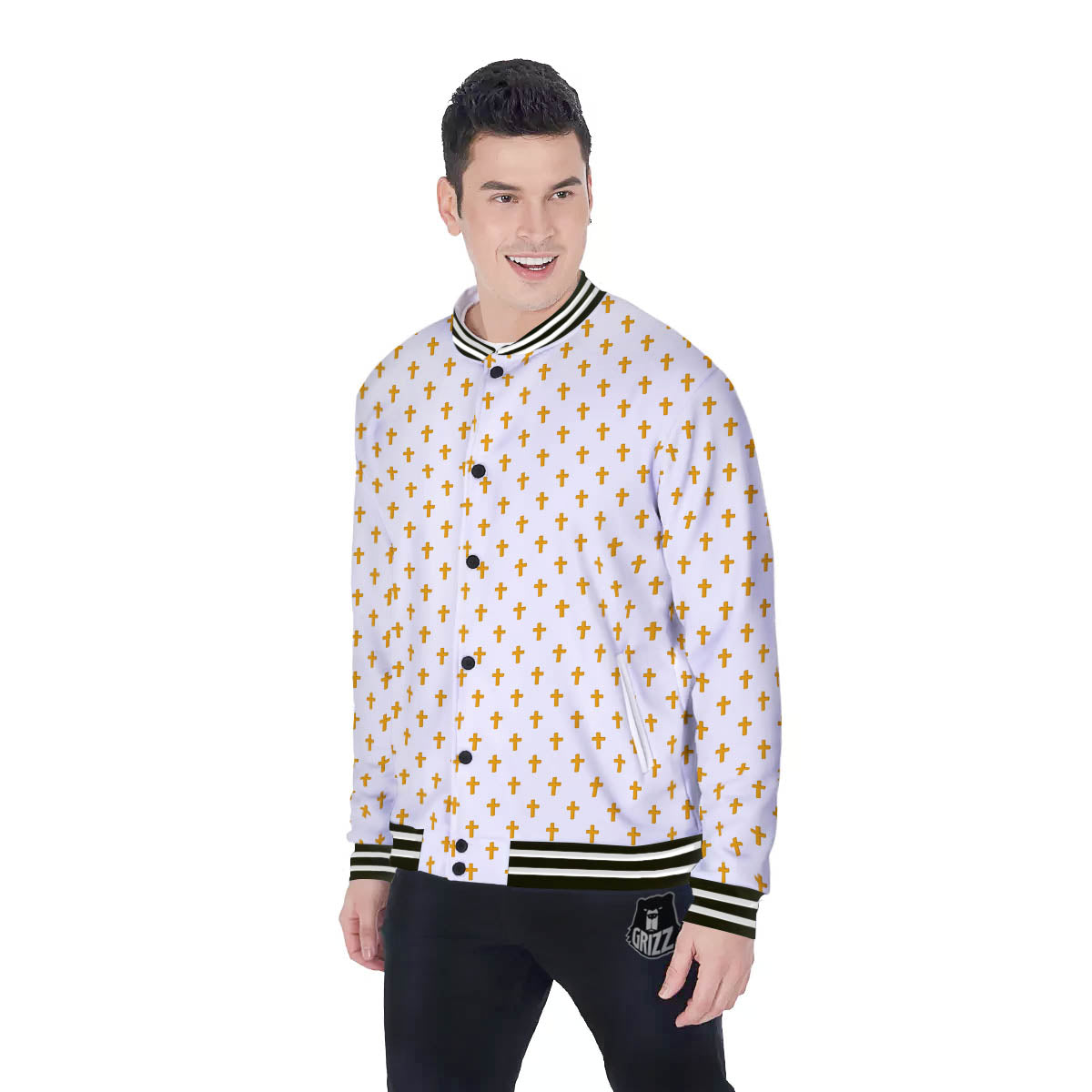Orthodox Cross Print Pattern Baseball Jacket-grizzshop