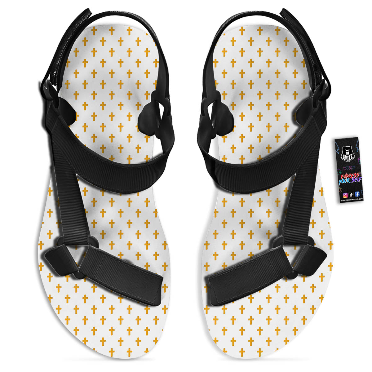 Orthodox Cross Print Pattern Black Open Toe Sandals-grizzshop