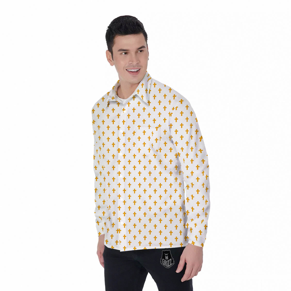 Orthodox Cross Print Pattern Men's Long Sleeve Shirts-grizzshop