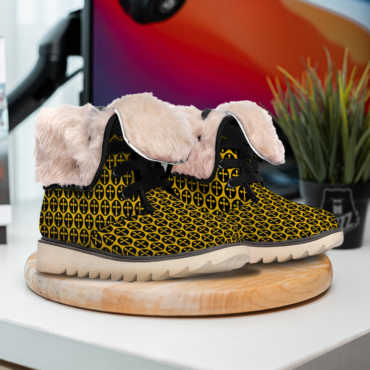 Orthodox Gold And Black Print Pattern Snow Boots-grizzshop