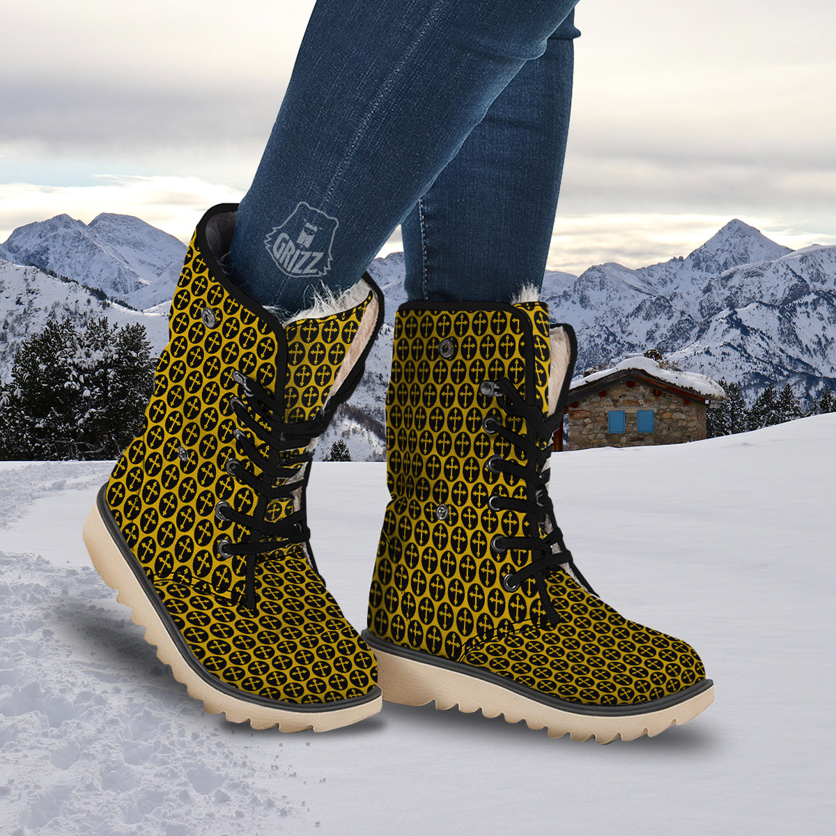 Orthodox Gold And Black Print Pattern Snow Boots-grizzshop