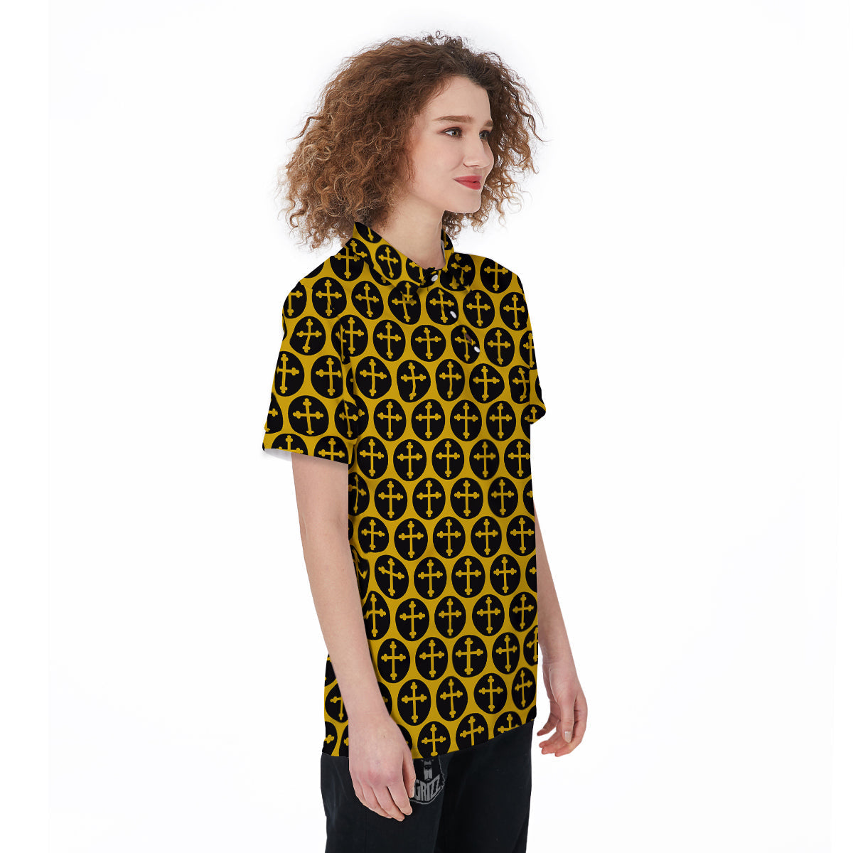 Orthodox Gold And Black Print Pattern Women's Golf Shirts-grizzshop